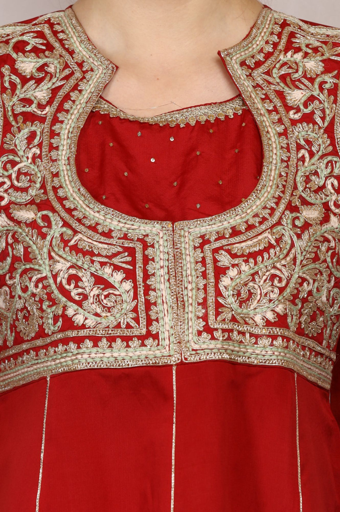 Red Yarn Dyed Zari Embroidered A-line Kurta with Trousers and Dupatta Set