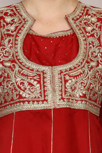 Red Yarn Dyed Zari Embroidered A-line Kurta with Trousers and Dupatta Set