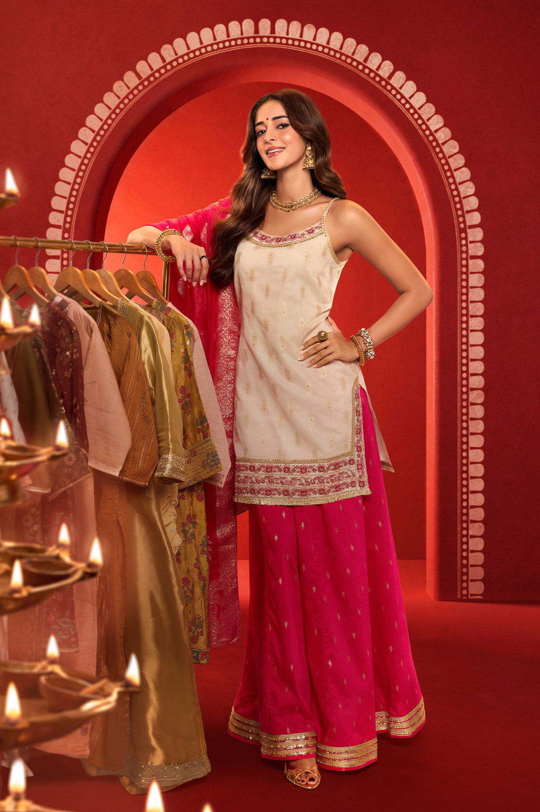 White Embroidered Jacquard Straight Kurta with Palazzo and Dupatta Set