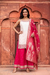 White Embroidered Jacquard Straight Kurta with Palazzo and Dupatta Set