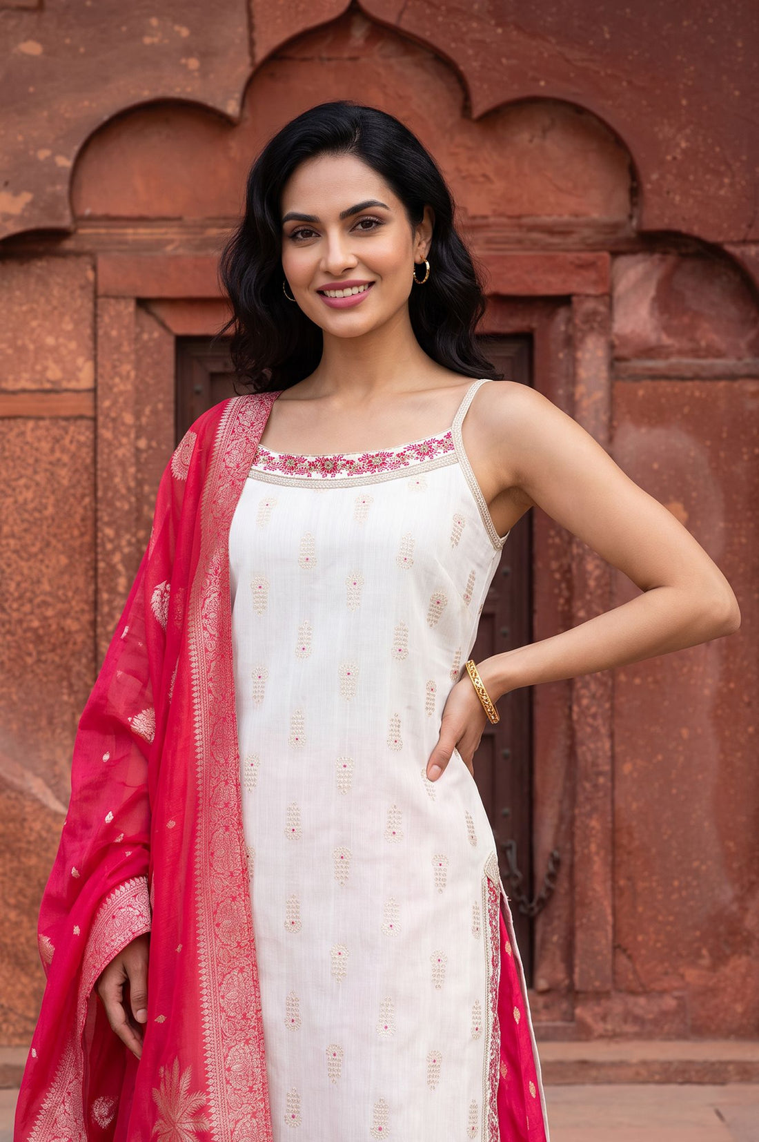 White Embroidered Jacquard Straight Kurta with Palazzo and Dupatta Set