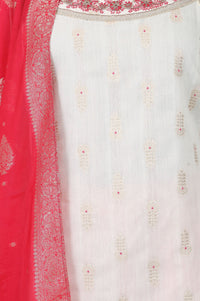 White Embroidered Jacquard Straight Kurta with Palazzo and Dupatta Set