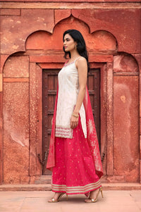 White Embroidered Jacquard Straight Kurta with Palazzo and Dupatta Set