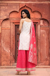 White Embroidered Jacquard Straight Kurta with Palazzo and Dupatta Set