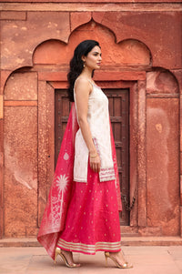 White Embroidered Jacquard Straight Kurta with Palazzo and Dupatta Set