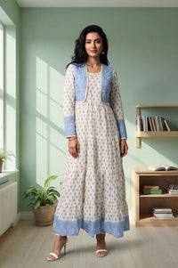 Off White Floral Printed Pure Cotton Flared Dress with Short Jacket
