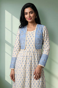 Off White Floral Printed Pure Cotton Flared Dress with Short Jacket
