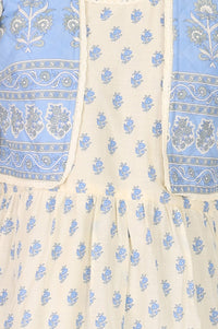 Off White Floral Printed Pure Cotton Flared Dress with Short Jacket
