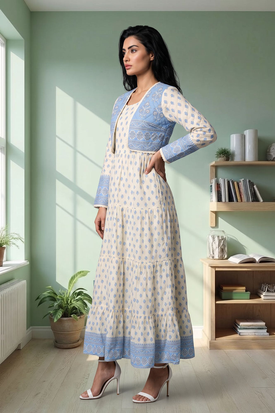 Off White Floral Printed Pure Cotton Flared Dress with Short Jacket