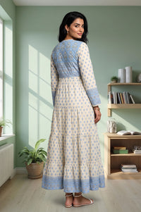 Off White Floral Printed Pure Cotton Flared Dress with Short Jacket