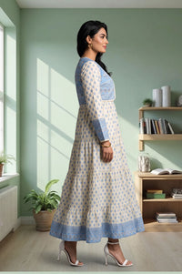 Off White Floral Printed Pure Cotton Flared Dress with Short Jacket