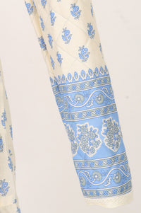 Off White Floral Printed Pure Cotton Flared Dress with Short Jacket