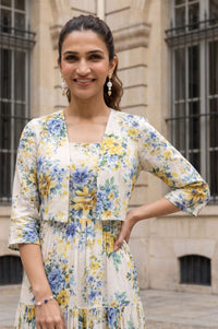 Off White Floral Printed Sleeveless Rayon Slub Flared Dress