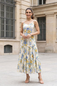 Off White Floral Printed Sleeveless Rayon Slub Flared Dress