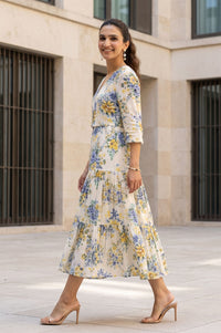 Off White Floral Printed Sleeveless Rayon Slub Flared Dress
