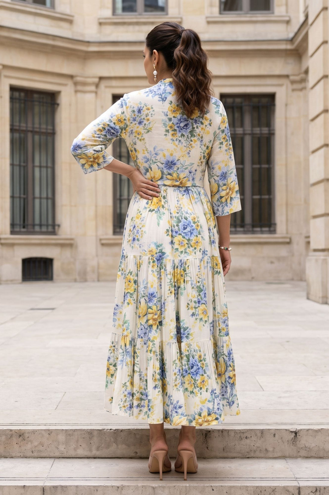 Off White Floral Printed Sleeveless Rayon Slub Flared Dress