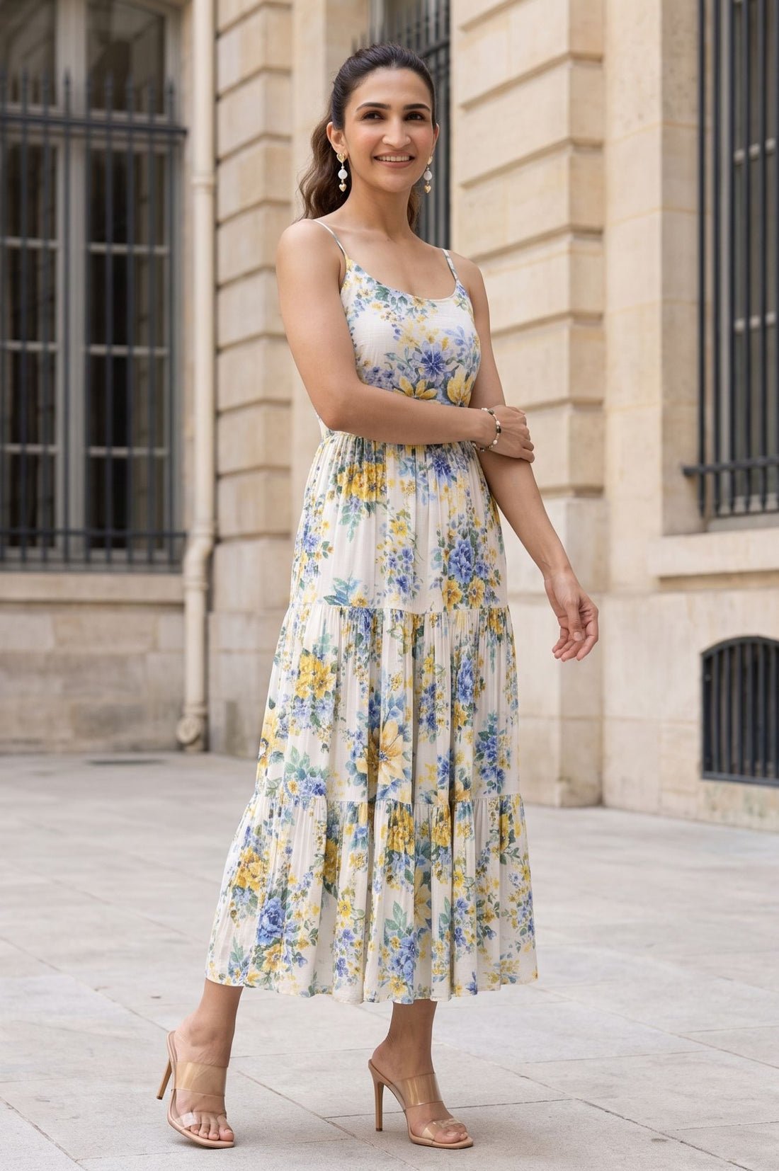 Off White Floral Printed Sleeveless Rayon Slub Flared Dress