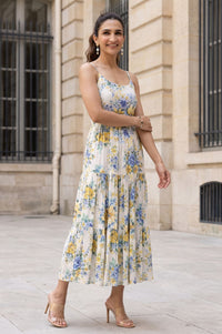 Off White Floral Printed Sleeveless Rayon Slub Flared Dress