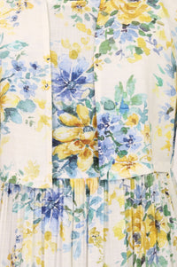 Off White Floral Printed Sleeveless Rayon Slub Flared Dress