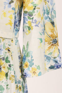 Off White Floral Printed Sleeveless Rayon Slub Flared Dress