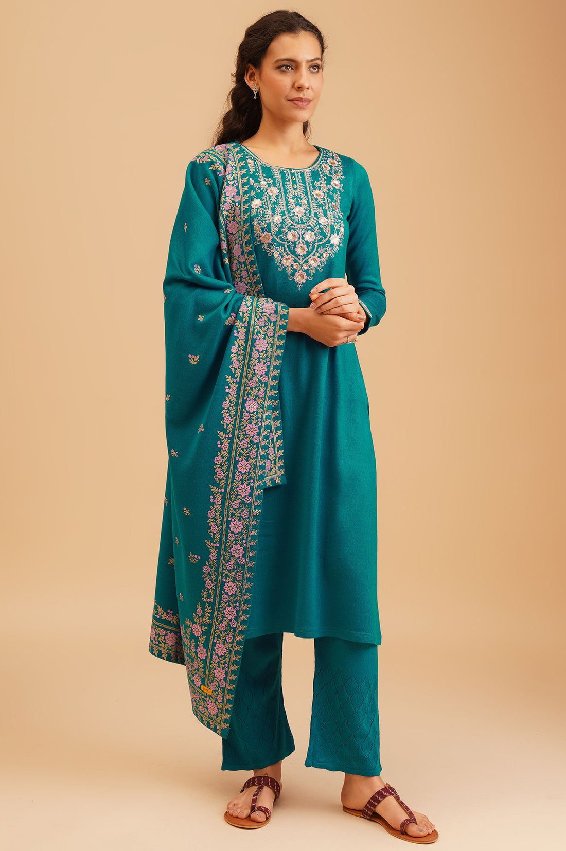 Teal Embroidered Acrylic Straight Winter Kurta with Palazzo and Shawl Set