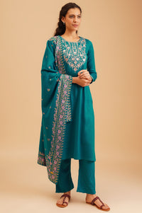 Teal Embroidered Acrylic Straight Winter Kurta with Palazzo and Shawl Set