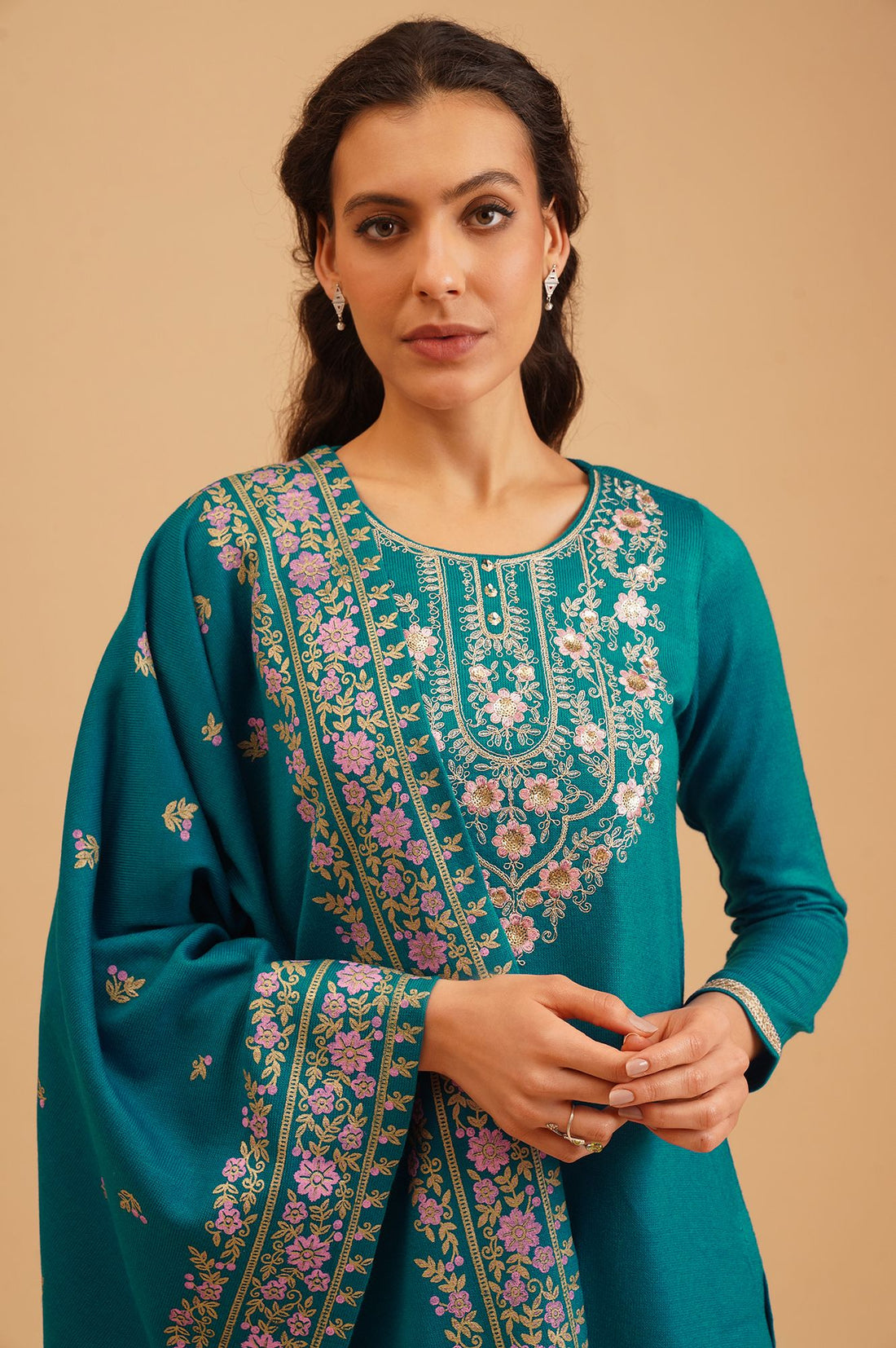 Teal Embroidered Acrylic Straight Winter Kurta with Palazzo and Shawl Set