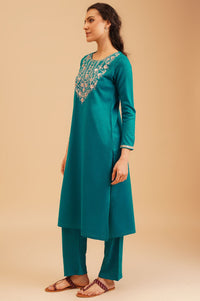 Teal Embroidered Acrylic Straight Winter Kurta with Palazzo and Shawl Set