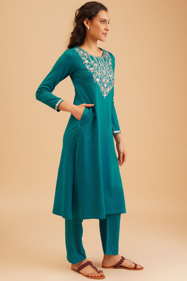 Teal Embroidered Acrylic Straight Winter Kurta with Palazzo and Shawl Set