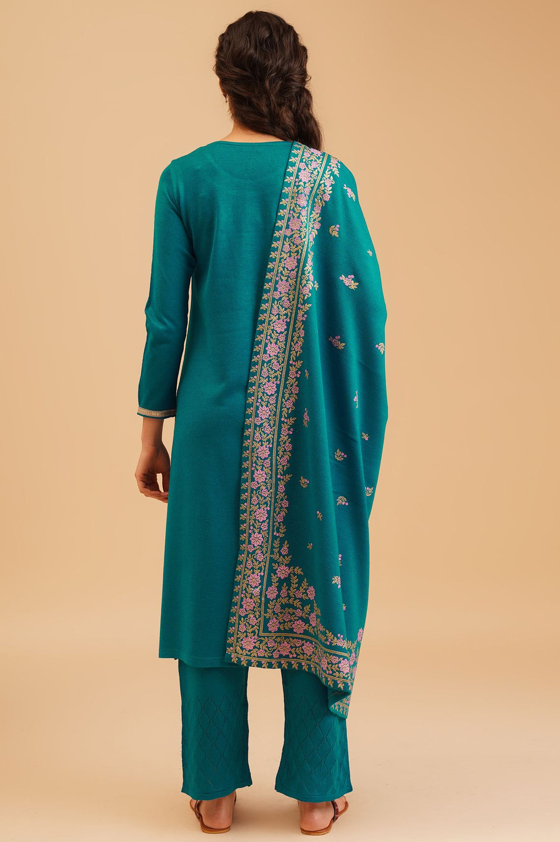 Teal Embroidered Acrylic Straight Winter Kurta with Palazzo and Shawl Set