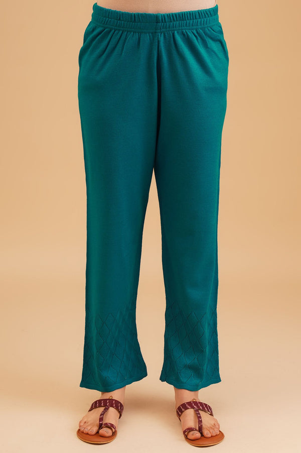 Teal Embroidered Acrylic Straight Winter Kurta with Palazzo and Shawl Set