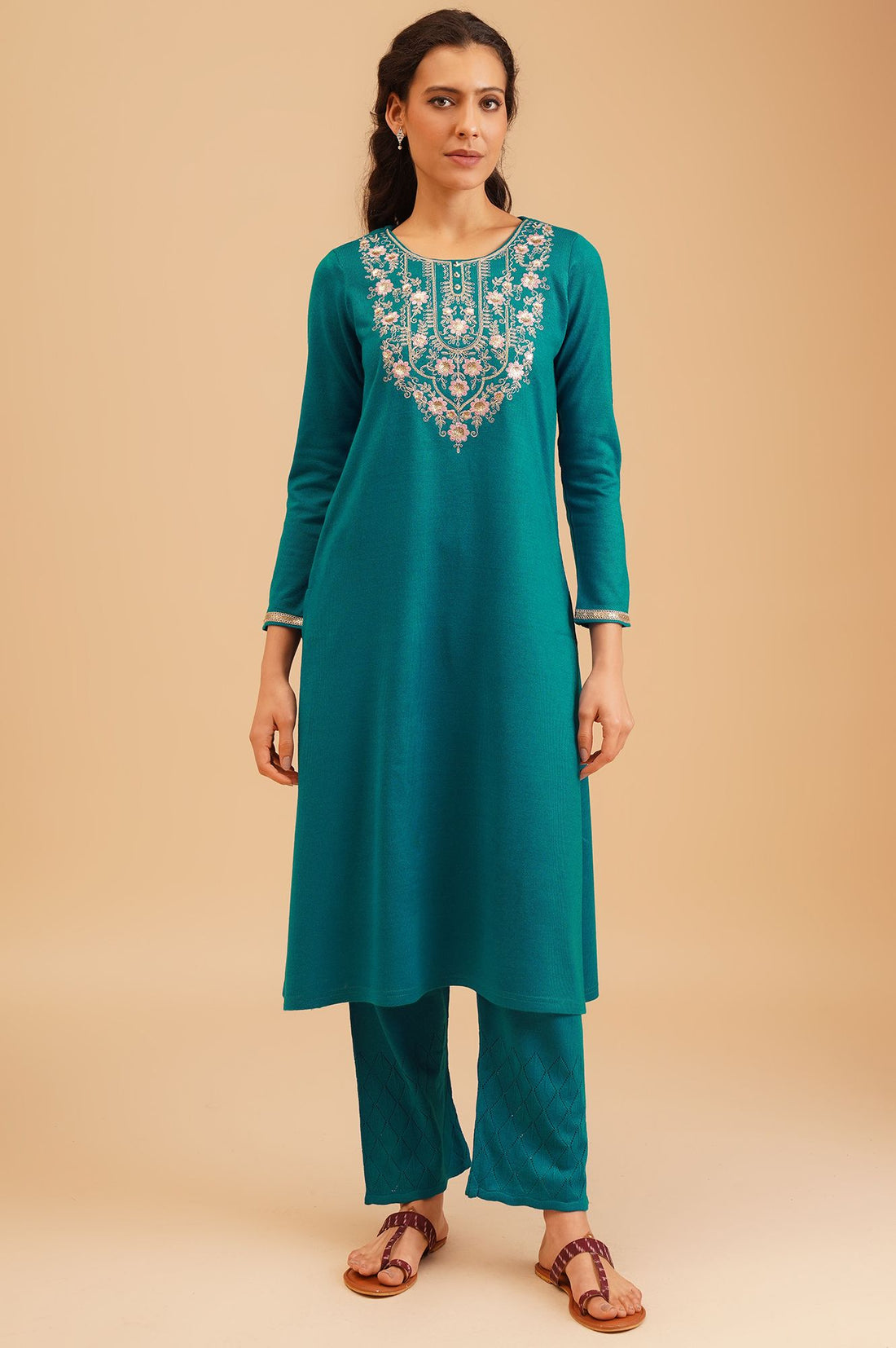 Teal Embroidered Acrylic Straight Winter Kurta with Palazzo and Shawl Set