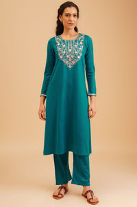 Teal Embroidered Acrylic Straight Winter Kurta with Palazzo and Shawl Set
