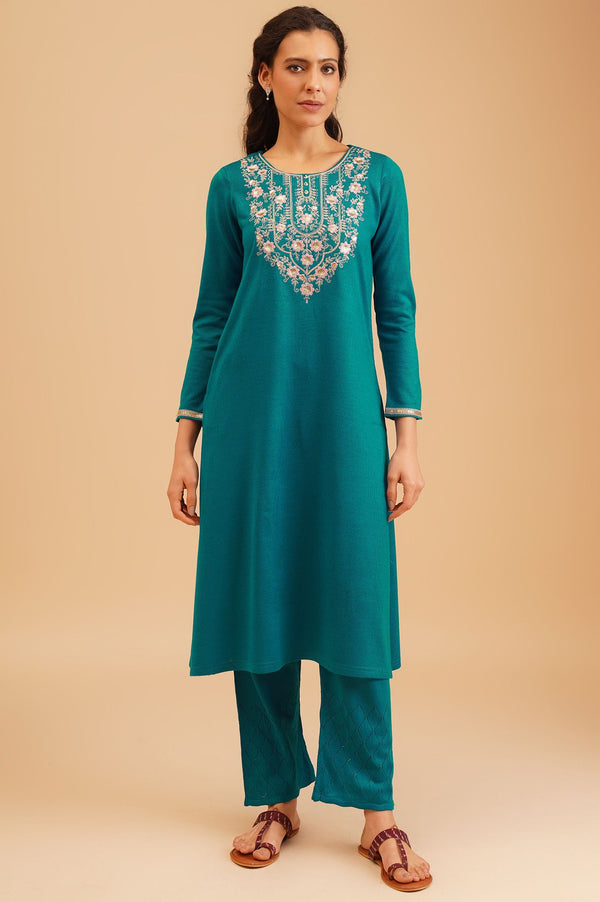 Teal Embroidered Acrylic Straight Winter Kurta with Palazzo and Shawl Set