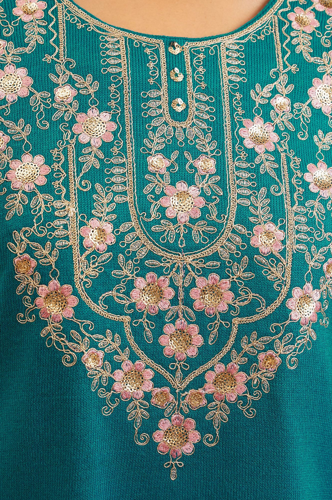 Teal Embroidered Acrylic Straight Winter Kurta with Palazzo and Shawl Set