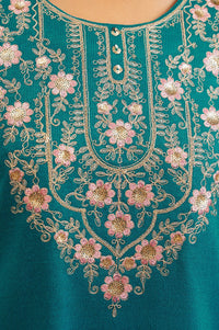 Teal Embroidered Acrylic Straight Winter Kurta with Palazzo and Shawl Set