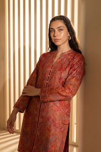 Maroon Jacquard Zari Paisley Printed Straight Winter Kurta with Palazzo Set