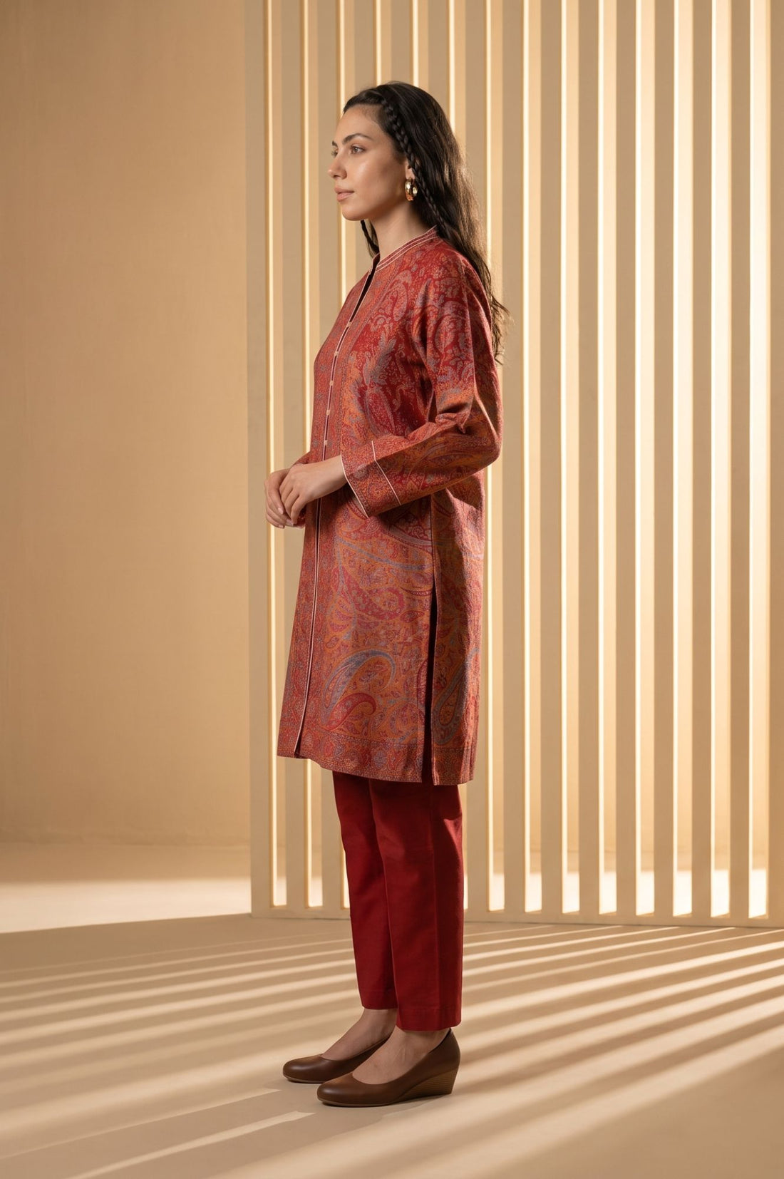 Maroon Jacquard Zari Paisley Printed Straight Winter Kurta with Palazzo Set