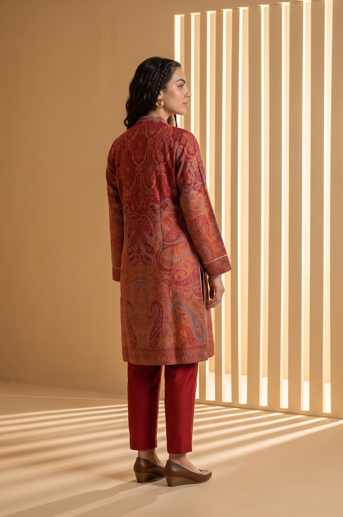 Maroon Jacquard Zari Paisley Printed Straight Winter Kurta with Palazzo Set