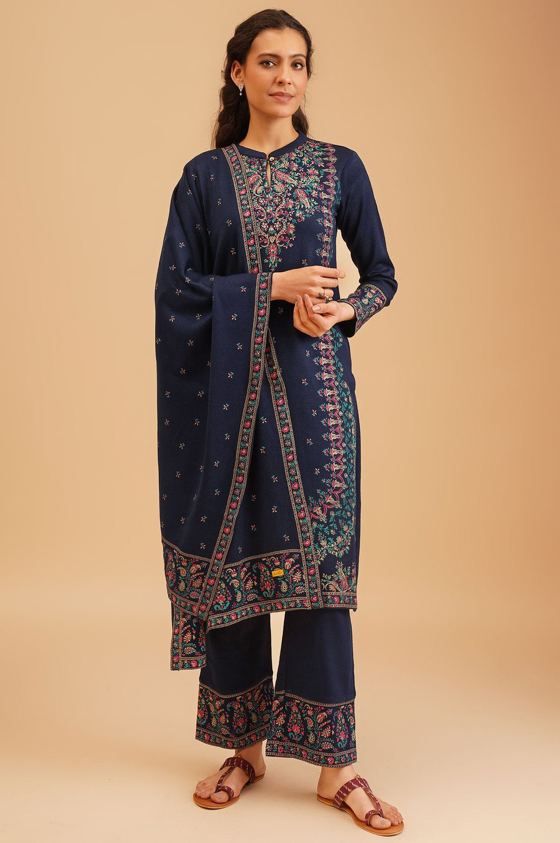 Navy Blue Ethnic Motifs Acrylic Straight Winter Kurta with Palazzo and Shawl Set