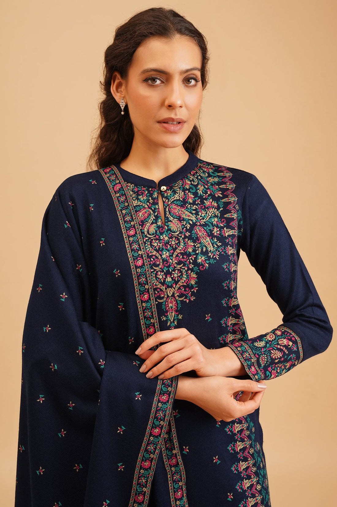 Navy Blue Ethnic Motifs Acrylic Straight Winter Kurta with Palazzo and Shawl Set