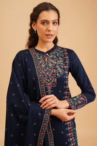 Navy Blue Ethnic Motifs Acrylic Straight Winter Kurta with Palazzo and Shawl Set