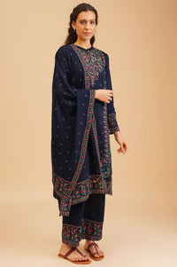 Navy Blue Ethnic Motifs Acrylic Straight Winter Kurta with Palazzo and Shawl Set