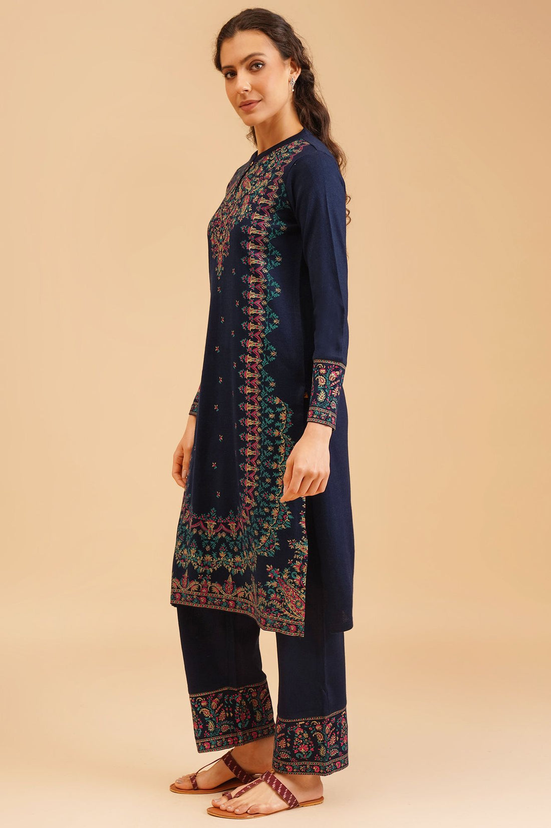 Navy Blue Ethnic Motifs Acrylic Straight Winter Kurta with Palazzo and Shawl Set