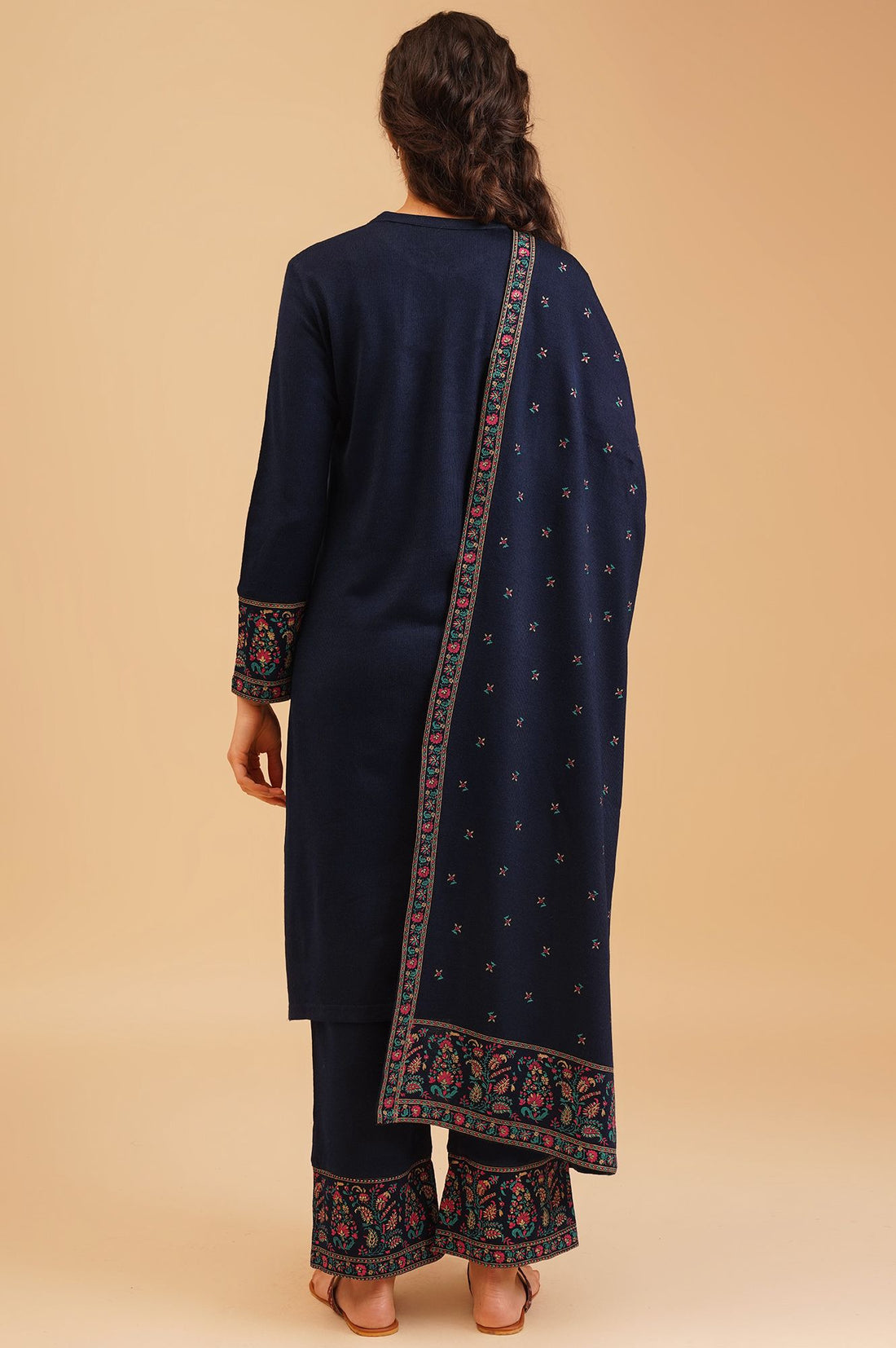 Navy Blue Ethnic Motifs Acrylic Straight Winter Kurta with Palazzo and Shawl Set