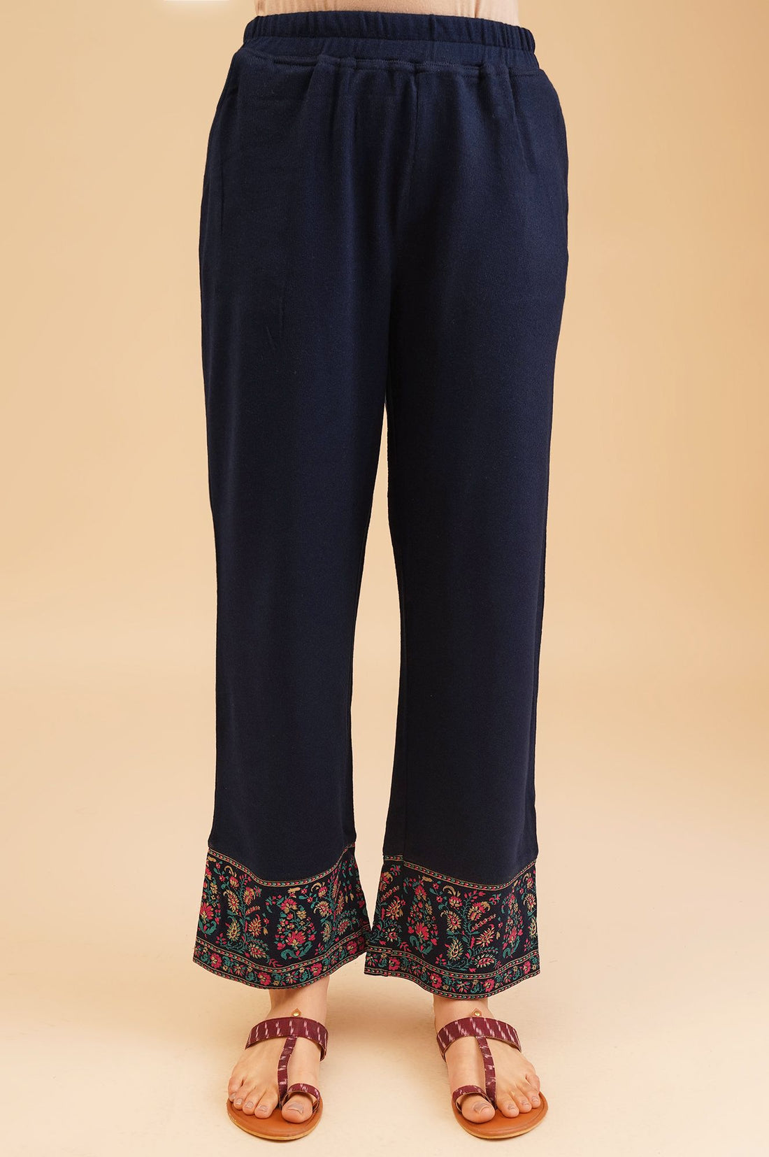 Navy Blue Ethnic Motifs Acrylic Straight Winter Kurta with Palazzo and Shawl Set