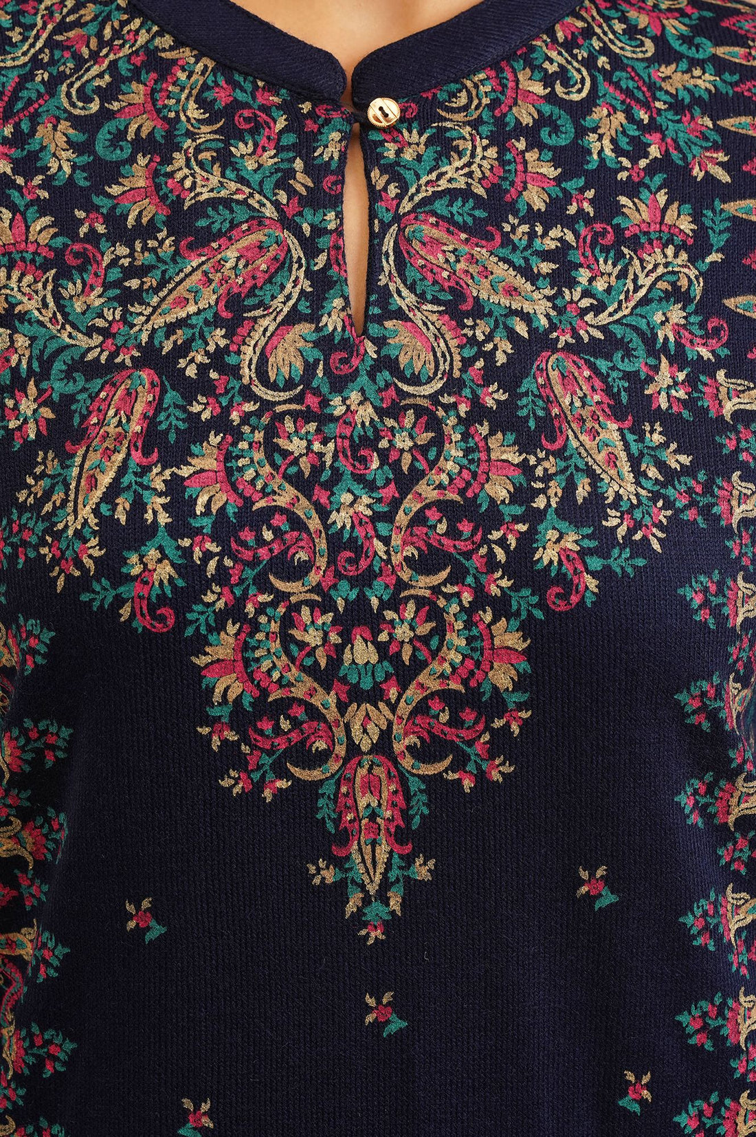 Navy Blue Ethnic Motifs Acrylic Straight Winter Kurta with Palazzo and Shawl Set