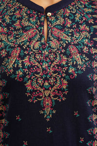 Navy Blue Ethnic Motifs Acrylic Straight Winter Kurta with Palazzo and Shawl Set