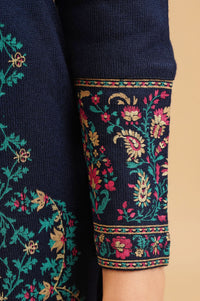 Navy Blue Ethnic Motifs Acrylic Straight Winter Kurta with Palazzo and Shawl Set