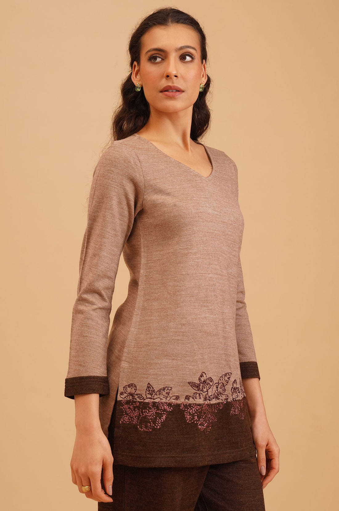 Beige Thread Embroidered Acrylic Straight Winter Top with Palazzo Set